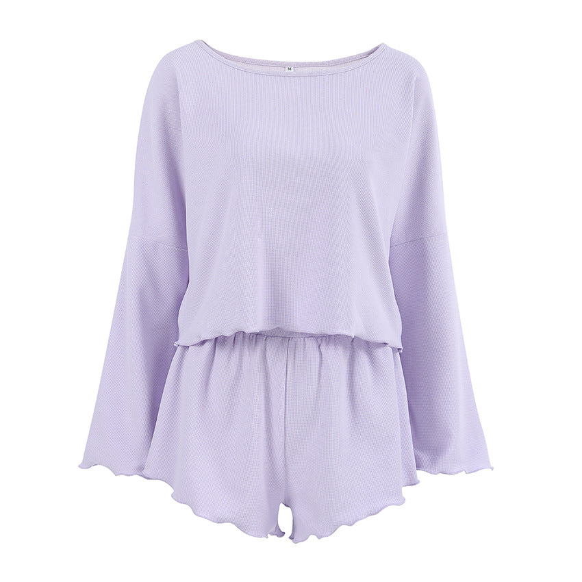 Frill-Detail Waffle Knit Short Pajama Set