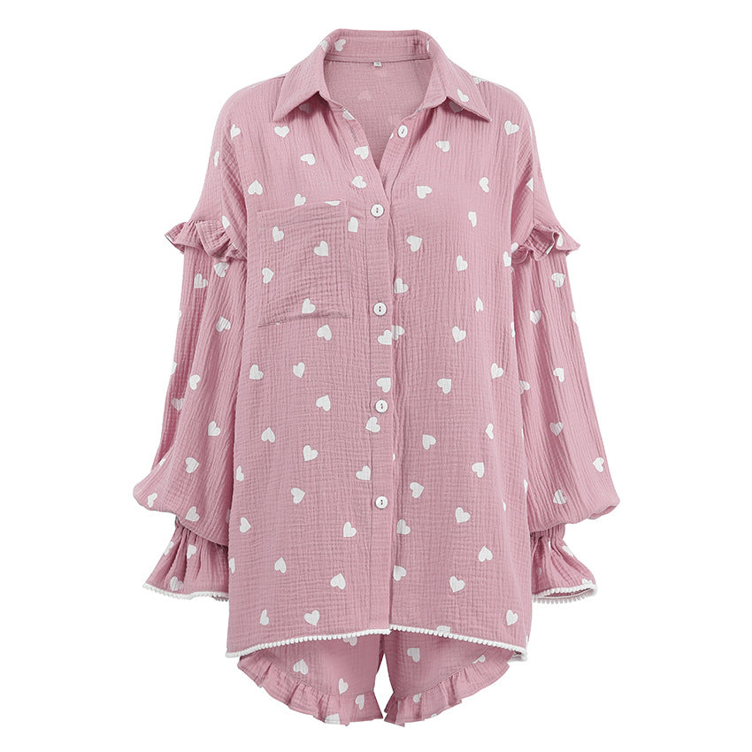 Cotton Heart Print Long Sleeve Shorts Lounge Set