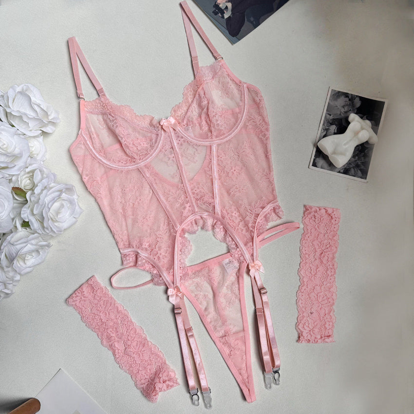 Hot Mesh Transparent Pink Lingerie Set for Women