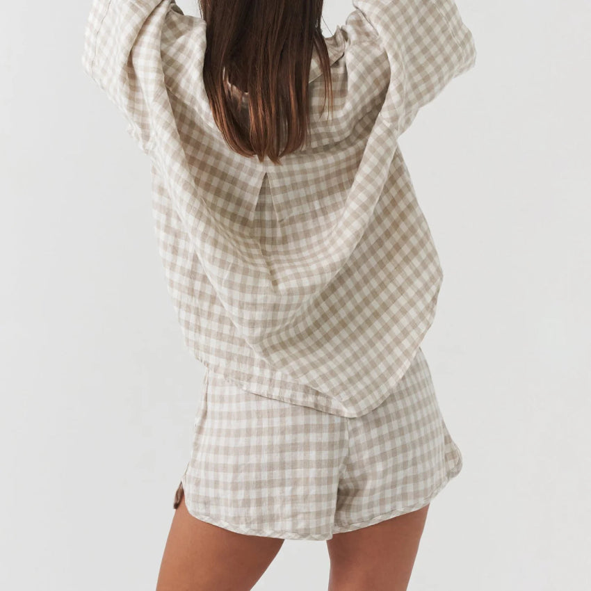 Beige Checked Printed Linen Pajama Set with Shorts