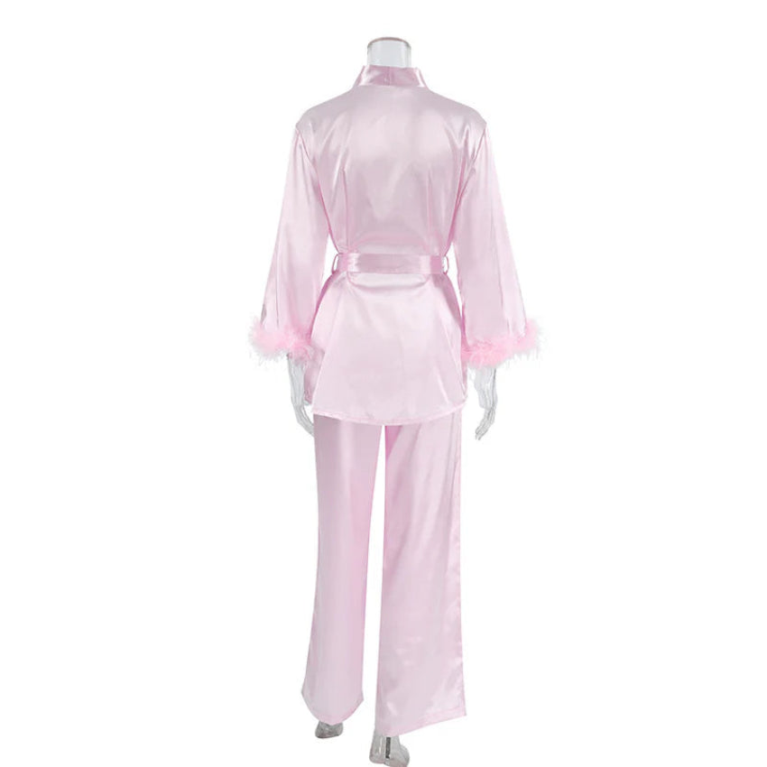 Feather Trim Satin Pajama Set with Belted Robe