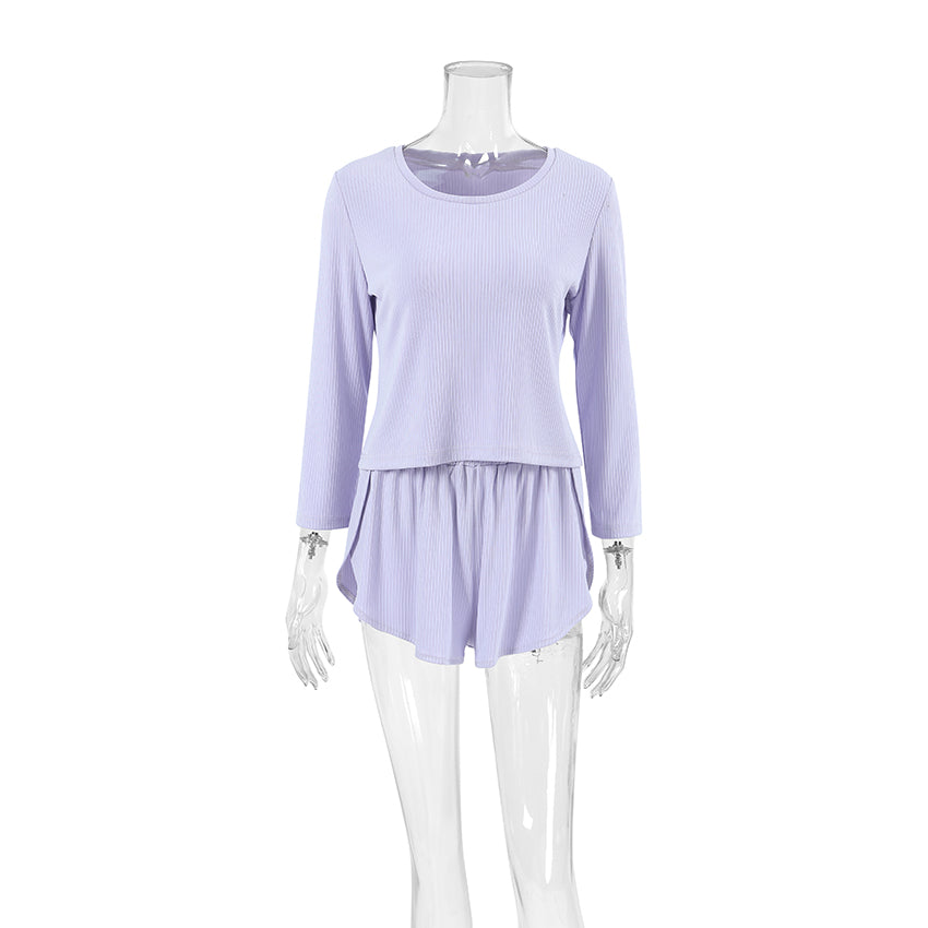 Elegant Ribbed Pajama Set –  Long Sleeve Top & Shorts