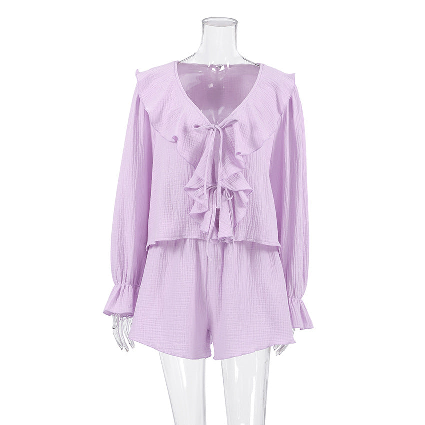 Lavender Ruffle Tie-Front Lounge Set