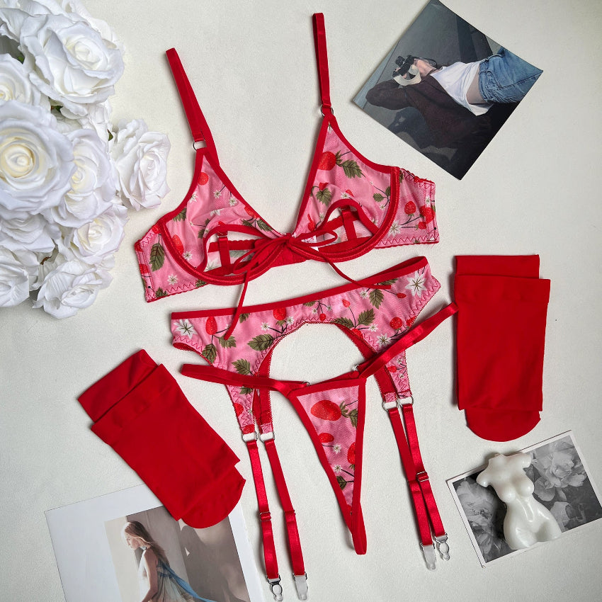 Red Floral Chiffon Mesh 4-Piece Lingerie Set