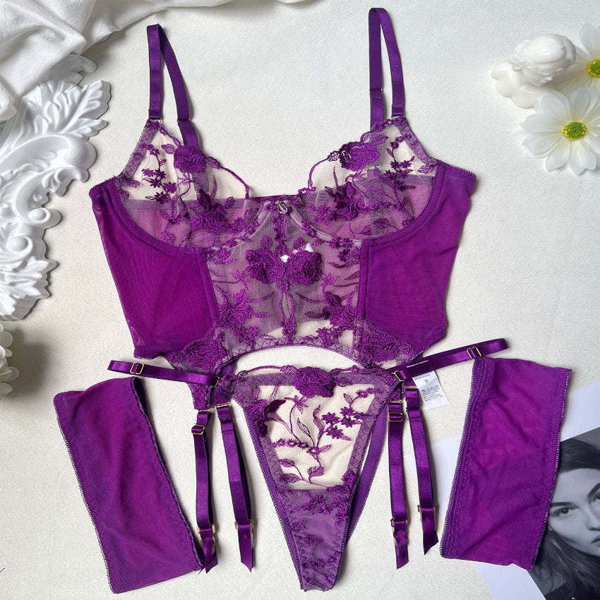 Purple Floral Embroidered Bra with Fishnet Mesh Pants
