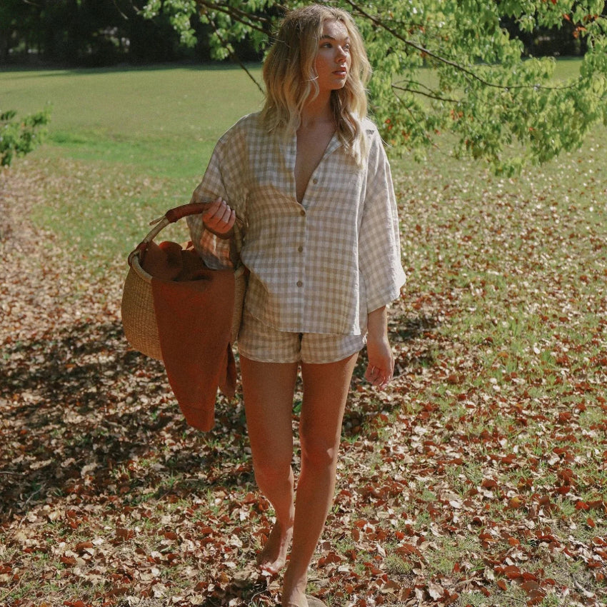 Beige Checked Printed Linen Pajama Set with Shorts