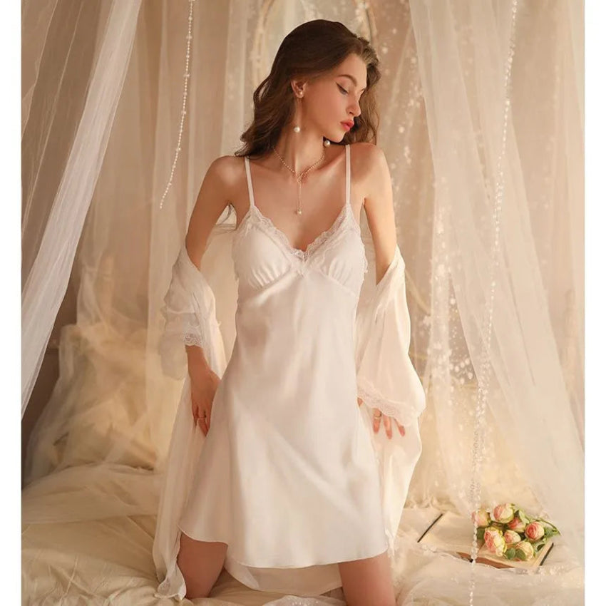 Noir Silky Lace Slip & Robe