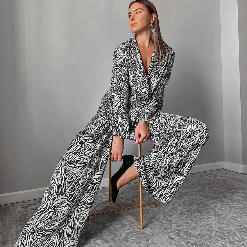Zebra Print Long Sleeve Pajama Set for Women