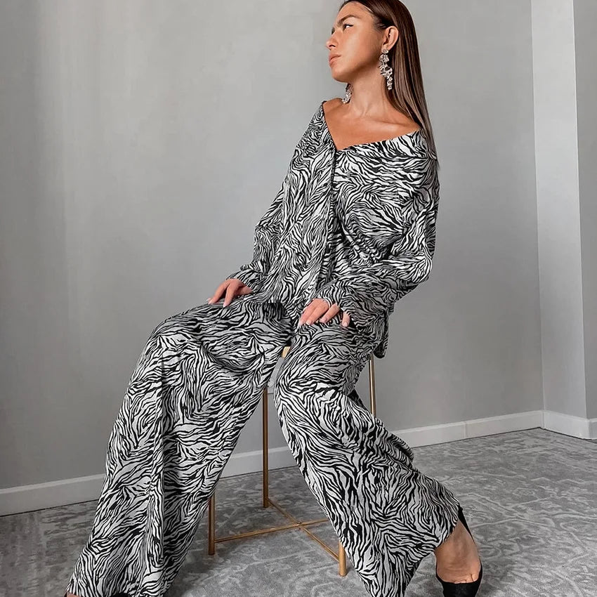 Zebra Print Long Sleeve Pajama Set for Women